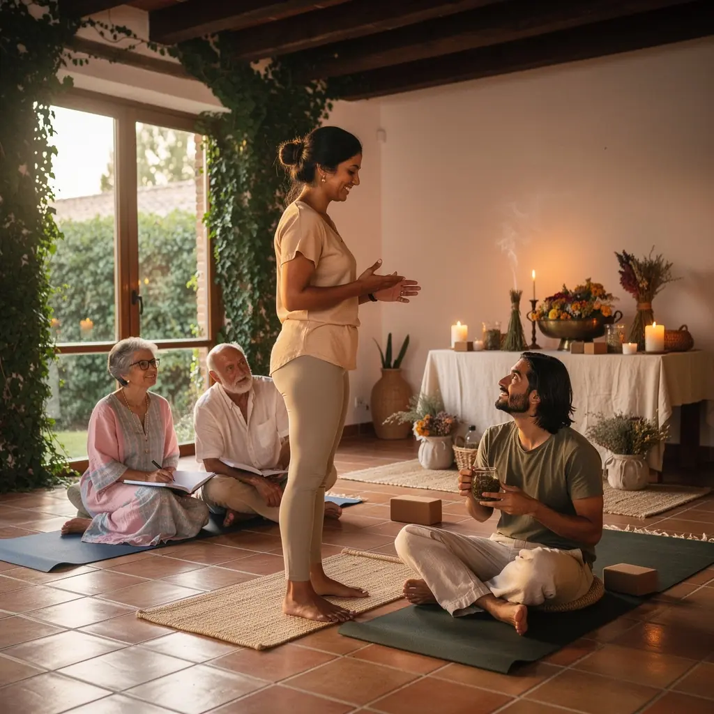 Practicante de yoga en un entorno natural, realizando una postura que simboliza la conexión con las estaciones.
